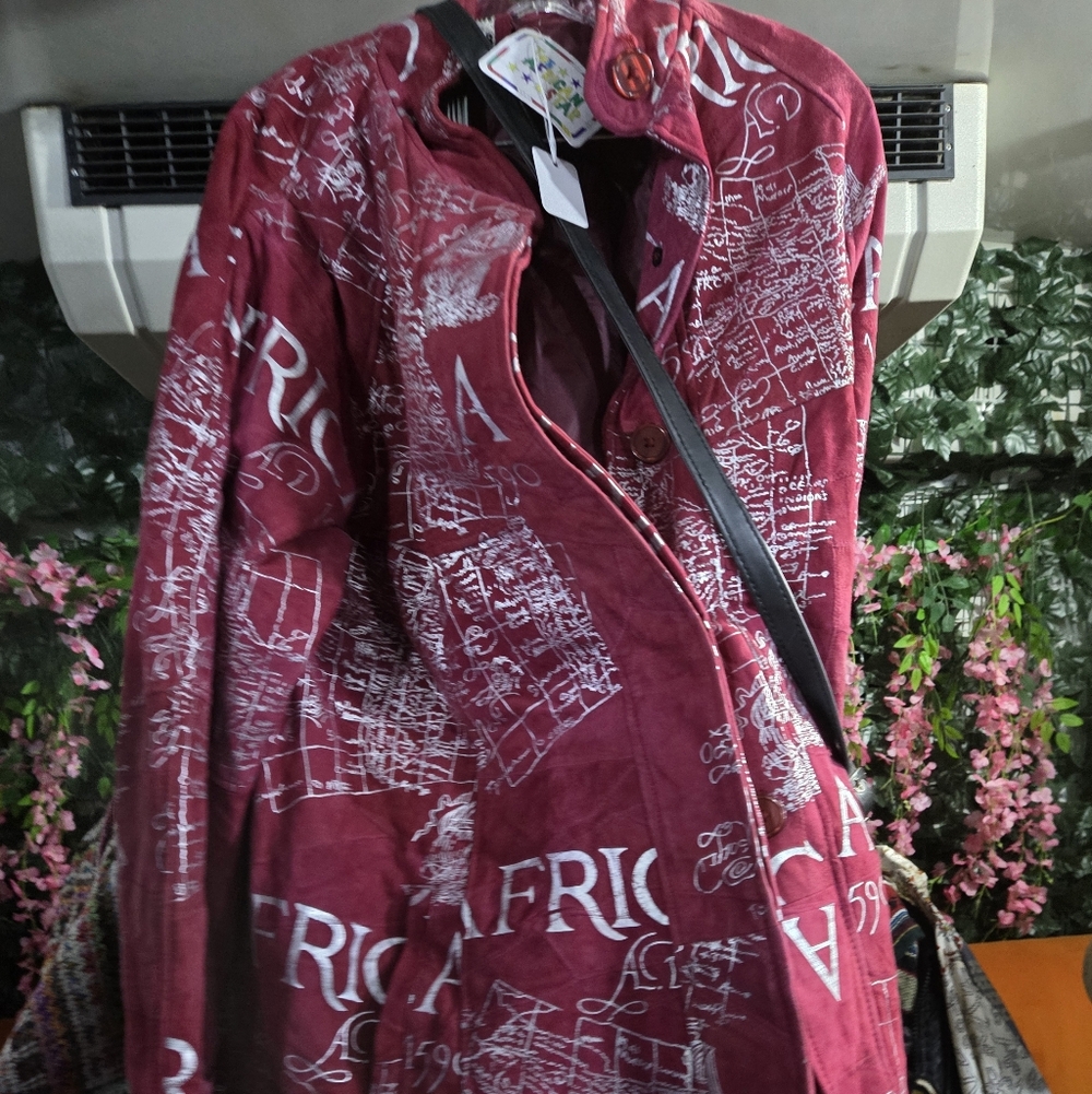 Stylish Burgundy Jacket with Silver Print, Hat and Handbag